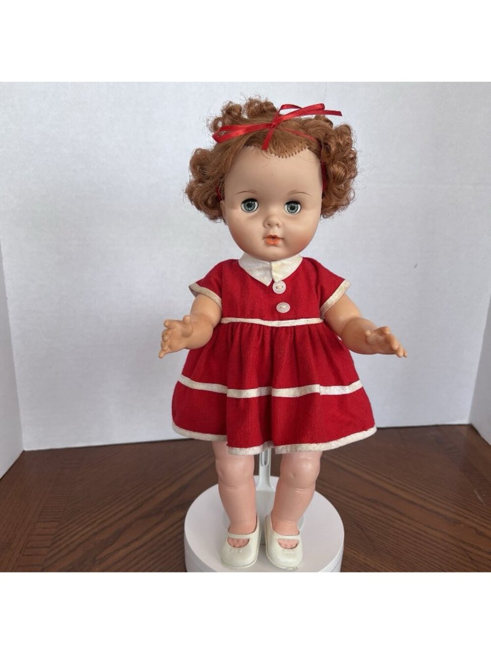 Vinyl Plastic Sleep Eyes Drink Wet Rooted Hair Doll Red Dress Marked V 14"